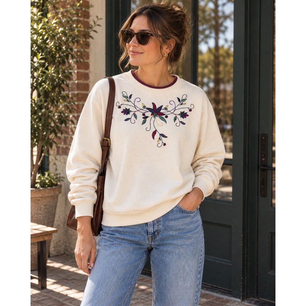 Blair Vintage Embroidered Floral Sweatshirt Medium Cream Burgundy Cottagecore